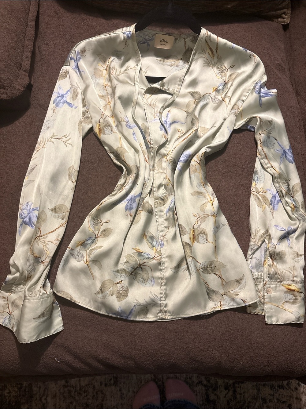Tahari Mint Satin Floral Button-Down Blouse